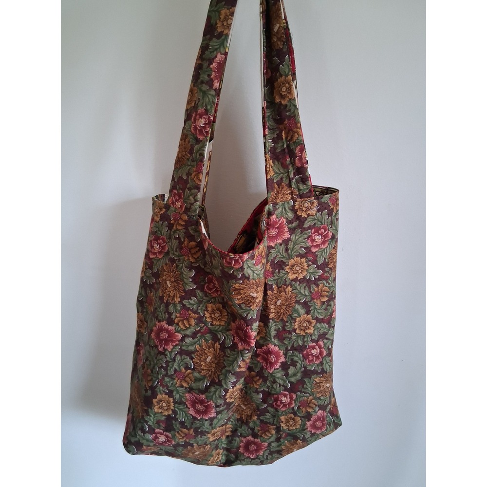 Handmade Reversible Tote Bag Floral Tapestry & Vintage Tavern Sign Print Multi